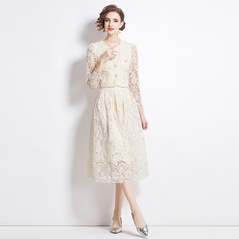 Женский комплект из двух предметов с цветочной вышивкой, женский костюм, элегантная рубашка с длинным рукавом, юбка средней длины, комплект из 2 предметов