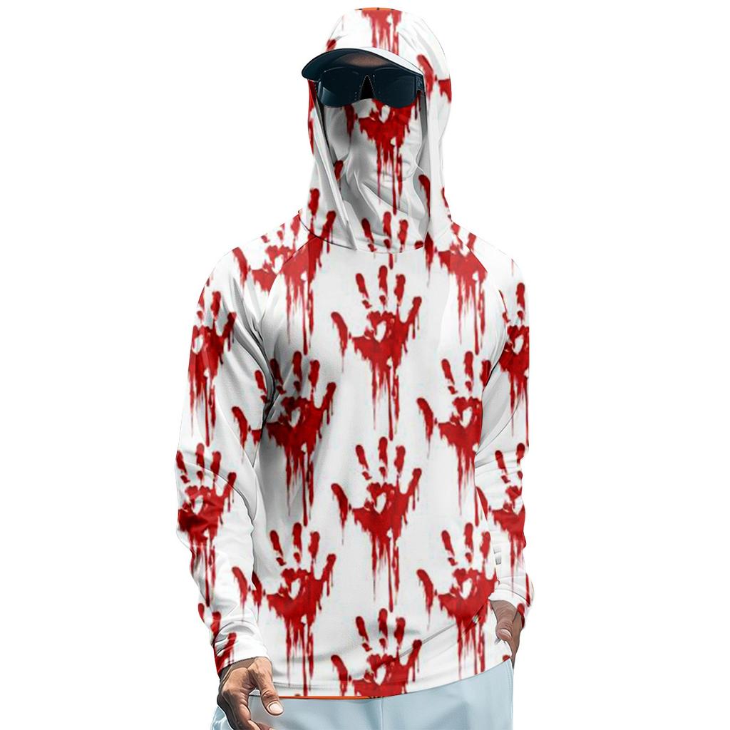 Мужская худи реглан для рыбалки с принтами на Хэллоуин - UPF 50+ УФ защита, длинный рукав, солнцезащитная рубашка с сетчатым козырьком