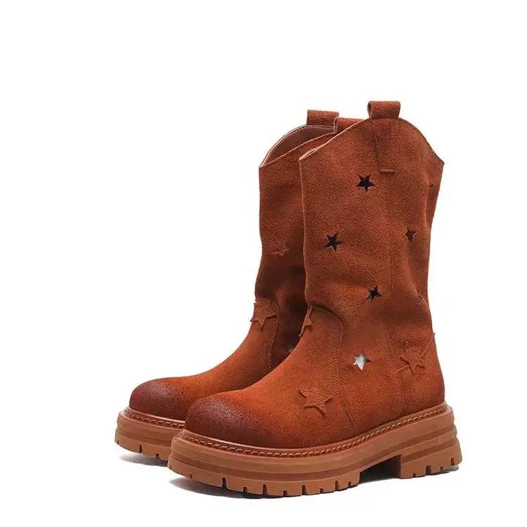 Звезды без застежек до середины икры сапоги ажурная платформа толстый каблук средний круглый носок женские туфли милые сапоги для отдыха для женщин