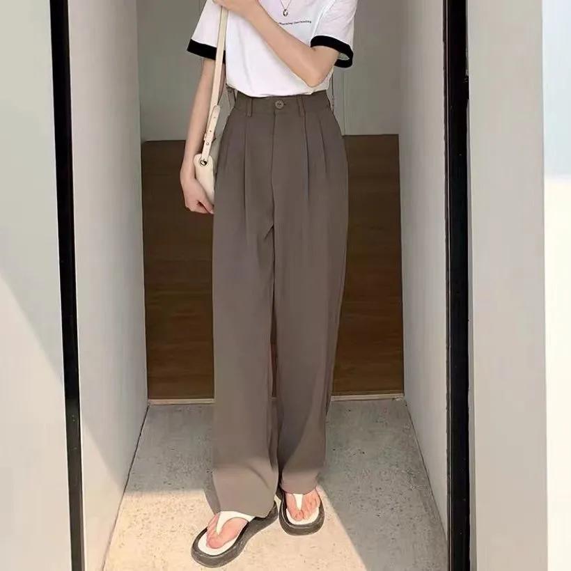 Женские однотонные брюки-костюм с высокой посадкой, осенние прямые модные брюки, повседневные свободные брюки на пуговицах для офиса, корейские женские брюки