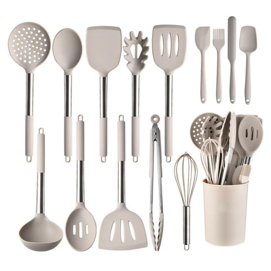 15Pcs Kitchen Utensils Set with Holder Food-Grade Silicone Egg Beater Ladle Spoon Whisk Skimmer Scarper Non-stick Spatula Set Safe Cooking Tools