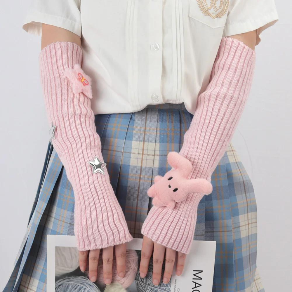 Winter Kawaii Arm Sleeves for Women Thicken Warm Knitted Arm Warmers Long Sleeve Half-finger Glove Gothic Fingerless Mitten