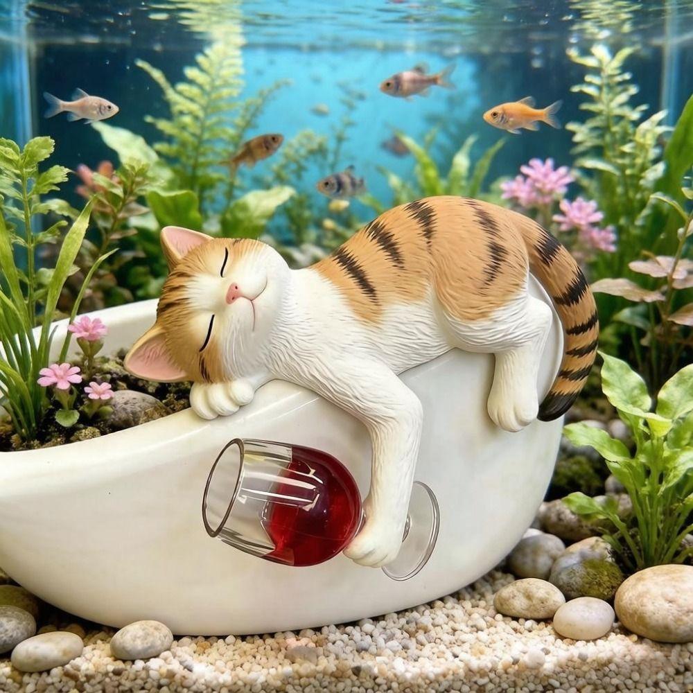 Realistic Cats Holding Red Wine Glass Statue Waterproof Cat Ornament Lying Kitty Ornament Patio