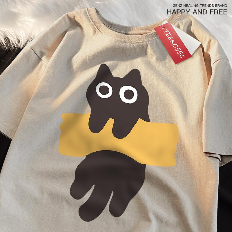 Забавная клейкая лента с принтом кошки в японском стиле, мужские и женские хлопковые футболки оверсайз с коротким рукавом и круглым вырезом, новые топы и футболки