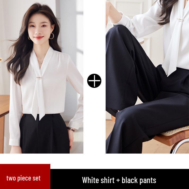 Весна 2024 Женская блузка из струящегося атласа с воротником-стойкой и завязками - Свободный крой, Профессиональный OL-дизайн