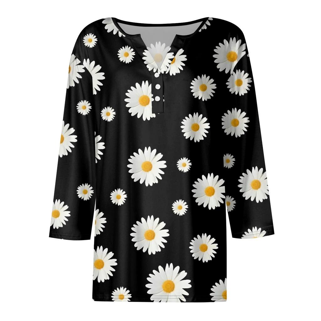 Жен. Футболка Футболка С принтом Пуговицы Рукав 3/4 Повседневные Выходные Мода Классический Классический V-образный вырез Обычный Верх