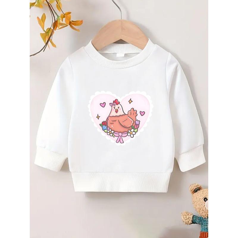 Kids Crewneck Sweatshirt, Cute Cartoon Hen in Heart Wreath Print, Soft Tone Thin Spring Top, Outdoor Baby Outfit