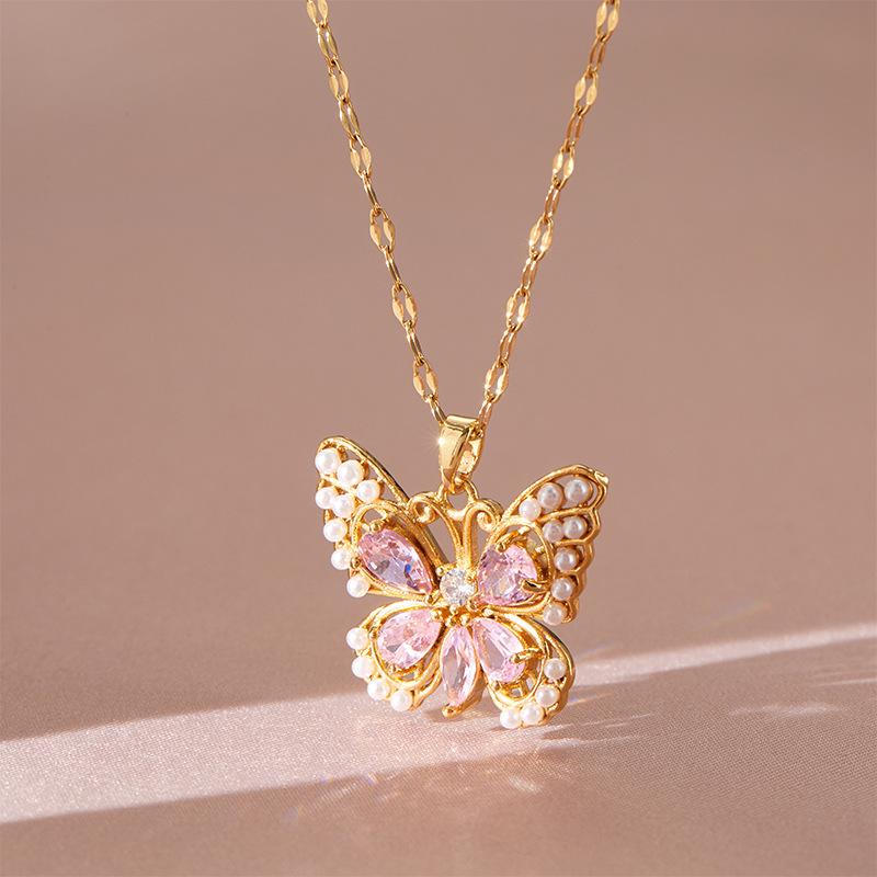 Light Luxury Design Pink Zirconium Butterfly Necklace Women'S Simple Ol Versatile Pearl Pendant Jewelry