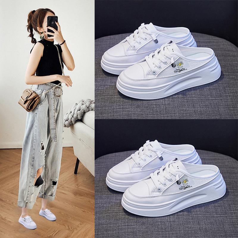 2024 Женская обувь 2024 Дышащие удобные кроссовки Женские сетчатые туфли на платформе со шнуровкой Белые женские нескользящие повседневные полутапочки