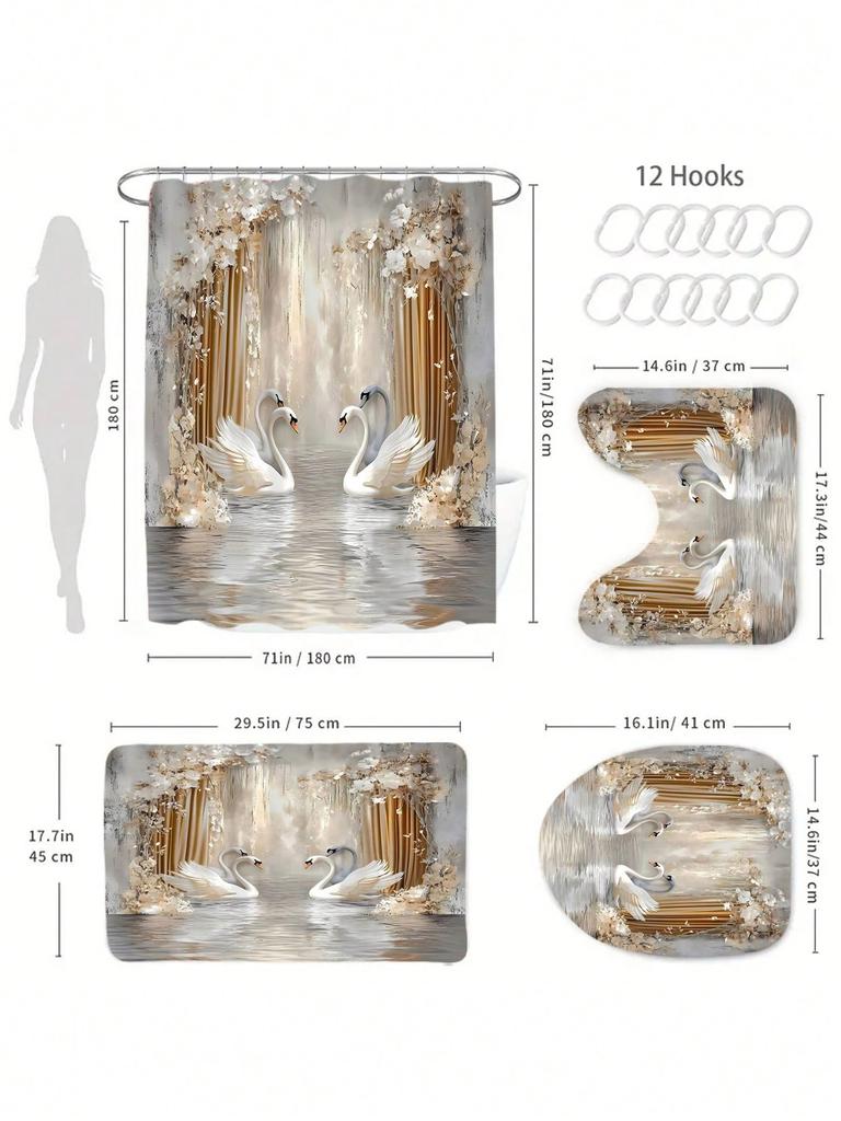 4 Pieces Swan Pattern Bathroom Suit, High End Elegant White Swan Design, Polyester Shower Curtain, Decorative Bath Mat