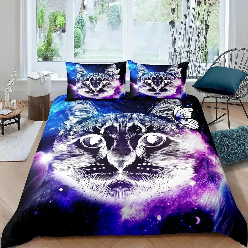 Rainbow Cat Butterfly Duvet Cover Set King,Watercolor Tie Dye Planet Galaxy Outer Space Bedding Set Shiny Golden Glitter Bed Set
