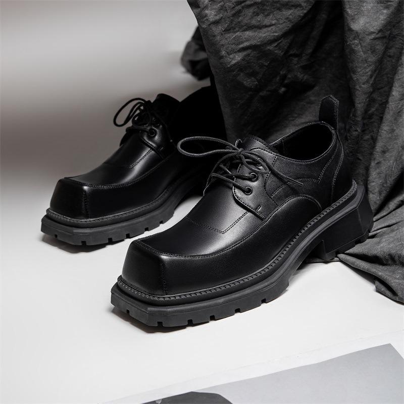 New Square Head Derby Shoes Men's Business Leisure Retro Original Niche Design Thick Sole Height Increase Small Leather Shoes