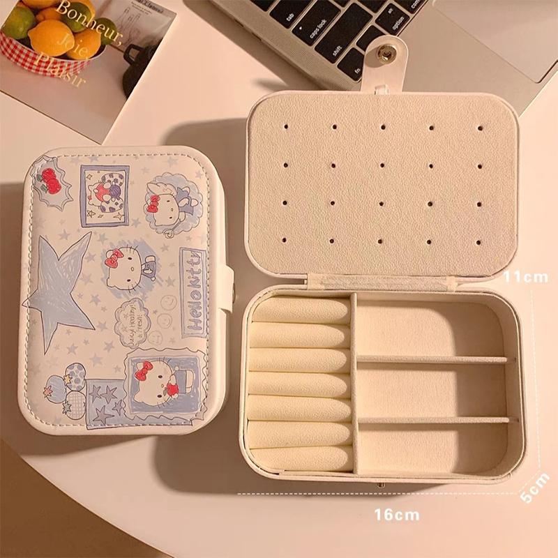 Кавайи Хелло Китти Шкатулка для украшений Серьги Портативная Кольцо для necklaces Милая ПУ Кожаная Коробка для хранения Дорожная Мини Компактный Аксессуар