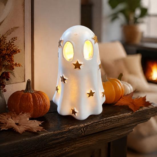 Resin Ghost Statue Halloween Decoration, Cute Light Up Figurine, Spooky Warm LED Bedside Lamp with for Shelf Mantel Indoor Home Decor Party Supplies