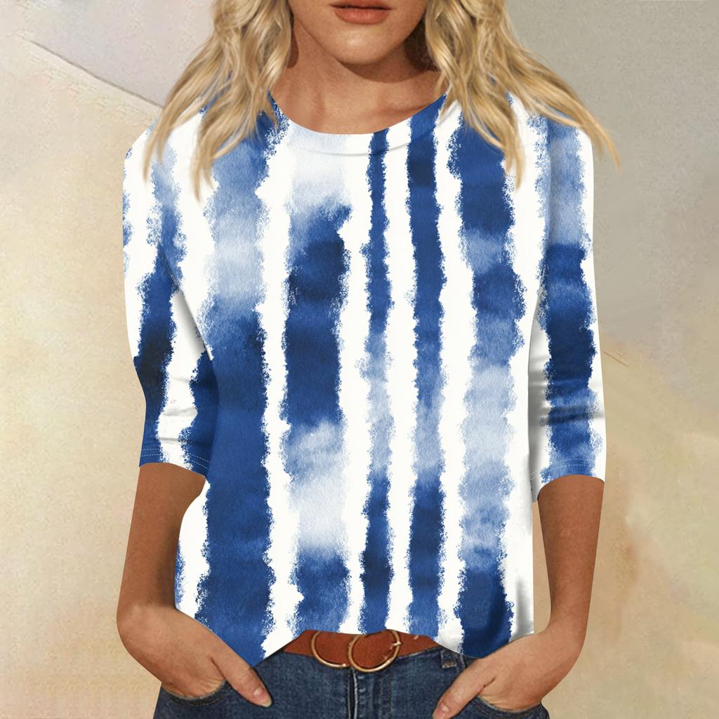 Women's Fashion Casual Round Neck Three-quarter Sleeve Gradient Print T-shirt Top