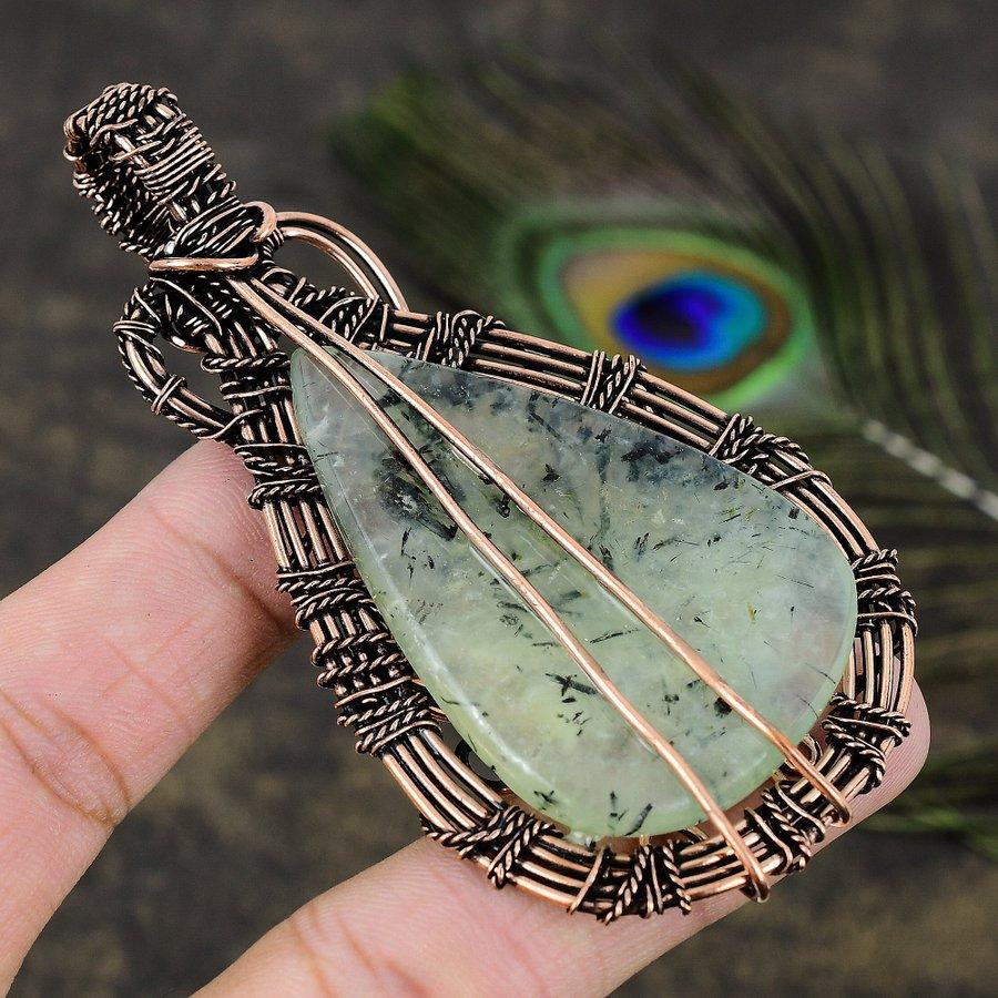 Prehnite Gemstone Copper Wire Wrap Jewelry Pendant 3.74