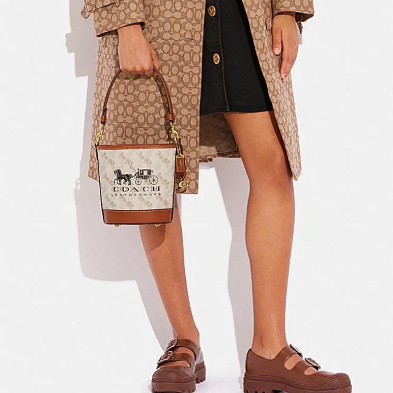 Coach Horse & Carriage Print Signature Canvas Leather Trim Bucket Bag for Daily Use
