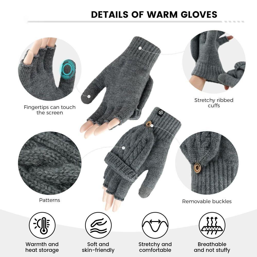 Thickening Fingerless Flip Gloves Wool Knitted Finger Free Gloves  For Men Women Unisex