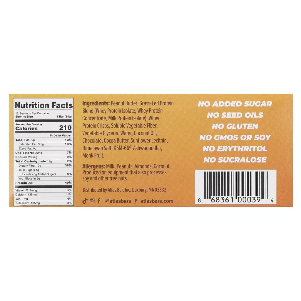 Atlas Bar Grass-fed Whey Protein Bar, Peanut Butter Chocolate Chip, 12 Bars, 1.9 Oz (54 G) Each