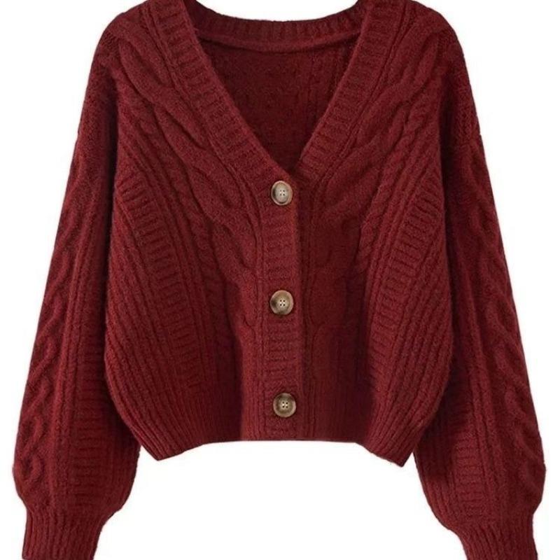 Retro Style Thin V-neck Knitted Cardigan Women's Short Sweater Twist Stripes Spring and Autumn Loose Thin Outer Fit