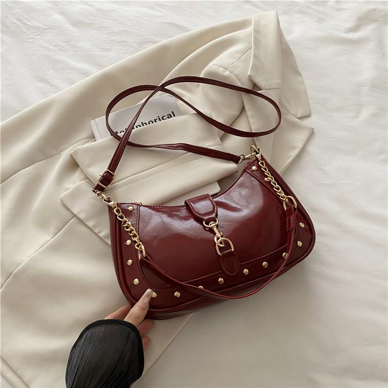 Fashion Solid Color Underarm Handbag Rivet Hook Small Square Bag