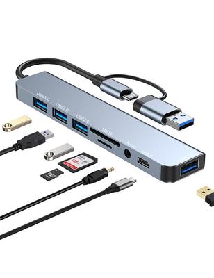 Многопортовый USB-C хаб Zacoora с 1 портом USB, 3 портами USB, кардридером SD/TF, 8-в-2, 3,5 мм + Type-C + 3.0 + 2.0 + &