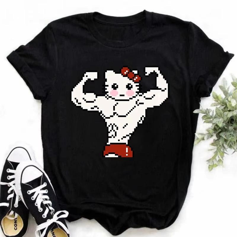 Мышечные Sanrioes Женская футболка Аниме HelloKitties Cinnamon Kuromis Веселая модель Мультяшная одежда Повседневная хлопковая футболка для пар