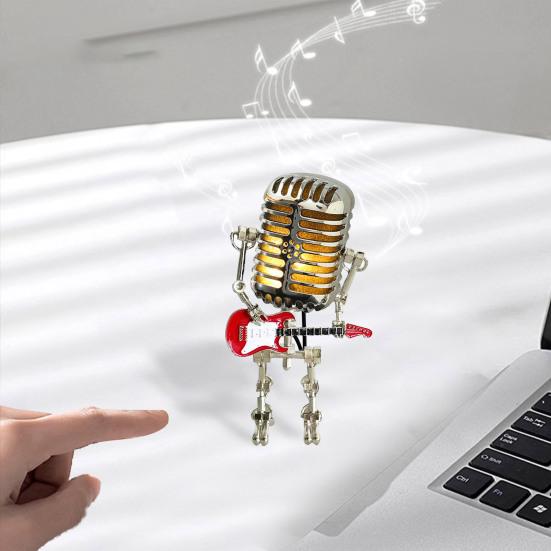 Металлический микрофон робот ночник винтажный держащий гитару рок микрофон робот светодиодный настольный светильник настольное украшение орнамент подарок любителю музыки
