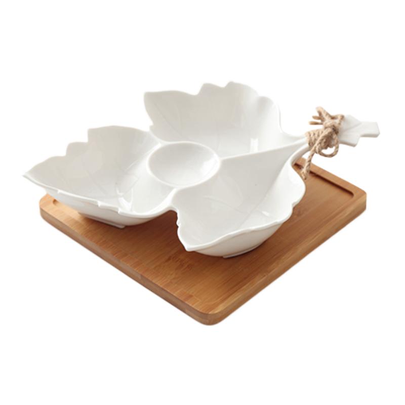 Белая керамическая тарелка Тарелка в виде кленового листа с деревянным поддоном Закуски Тарелки для сухофруктов Тарелка для закусок Главная Ваза для фруктов Тарелки для конфет