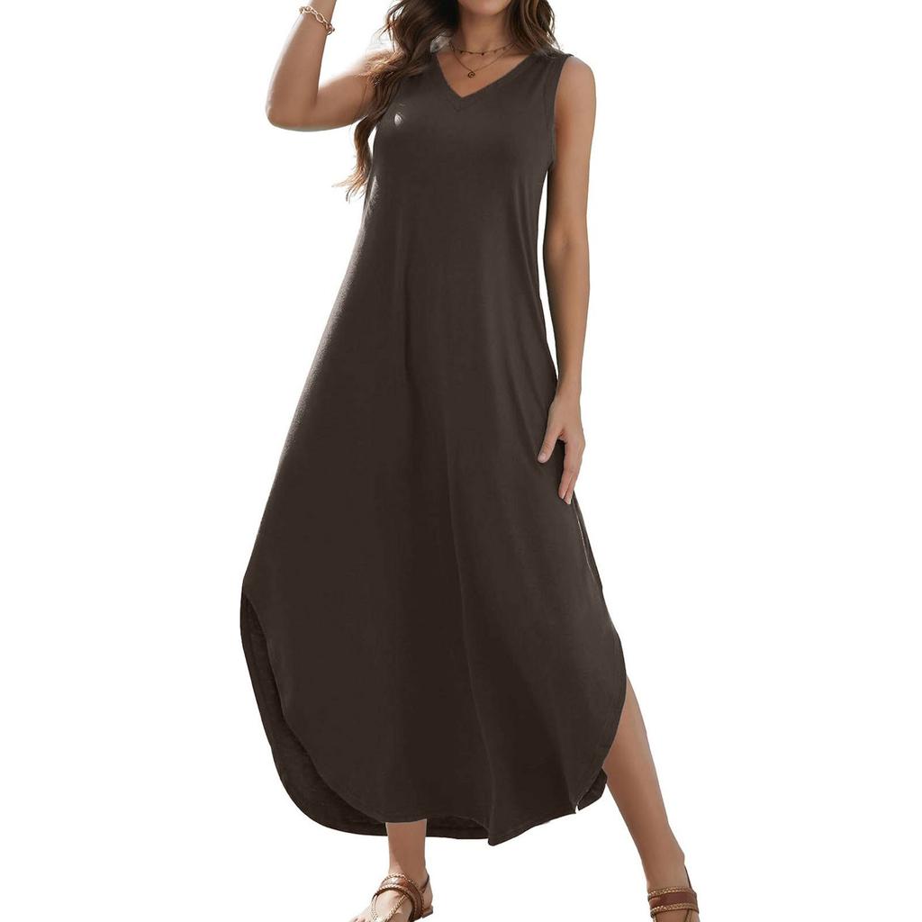Women's 2024 Summer Casual Loose Sundress Long Dress Solid Color Sleeveless V Neck Split Tshirt Maxi Dresses