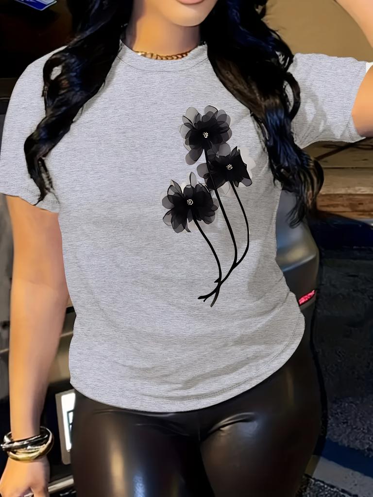 Женская повседневная футболка черного цвета с цветочным принтом, с коротким рукавом и круглым вырезом, топ из легкой дышащей ткани, женские футболки, одежда