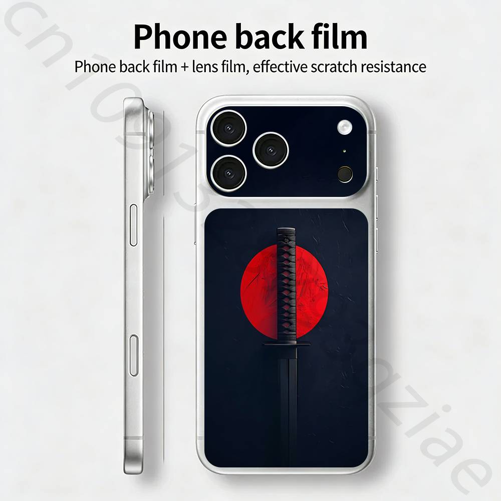 Японский Бусидо Самурай Для iPhone 17 pro Max /17 pro Полное Покрытие Наклейка Кожаная Обертка 3D Цветная Задняя Защитная Пленка-Наклейка
