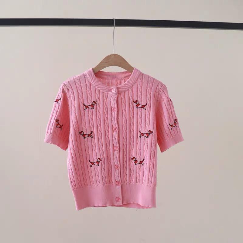 Летний женский дизайнерский свитер с круглым вырезом и коротким рукавом с вышивкой и рисунком, вязаный свитер с переплетением, кардиганы, топы для студенток колледжа
