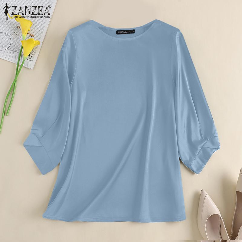 ZANZEA Women Fashion Casual O-neck 3/4 Sleeve Solid Color Satin Blouse Shirts