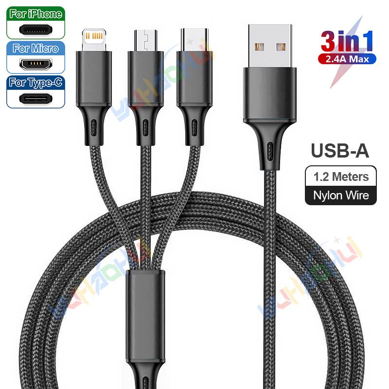 2.4A Макс. 3 в 1 USB-кабель для быстрой зарядки Lightning-кабель для iPhone Type C Кабель для зарядки мобильного телефона для Xiaomi Samsung USB Micro