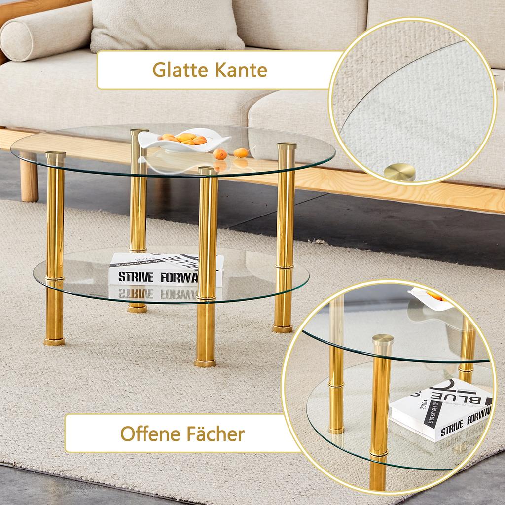 Modern Two-Tier Glass Coffee Table - Gold-Colored Metal Legs, Stable and Spacious. Metal Shine and Glass Reflections for Quiet Luxury Interiors.