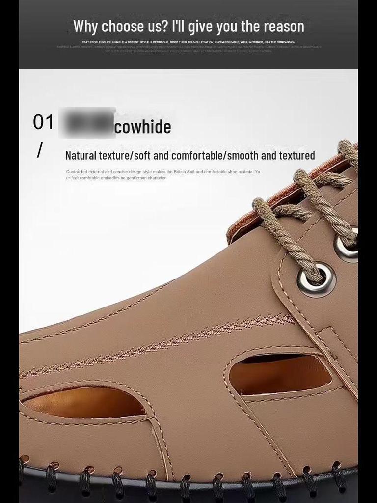 Мужские дышащие летние кожаные сандалии 2024 года — повседневный дизайн с полыми вставками