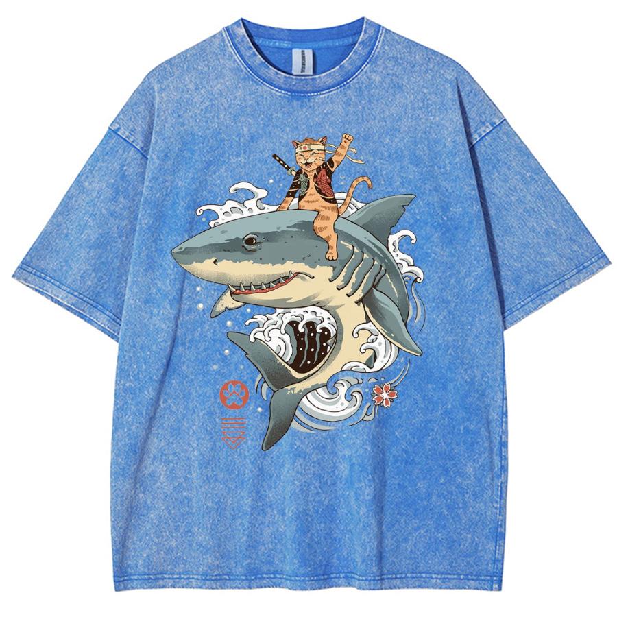 Женская футболка в японском стиле с рисунком акулы и потертым рисунком, стираная джинсовая ткань, свободный унисекс, короткий рукав, милый топ отаку