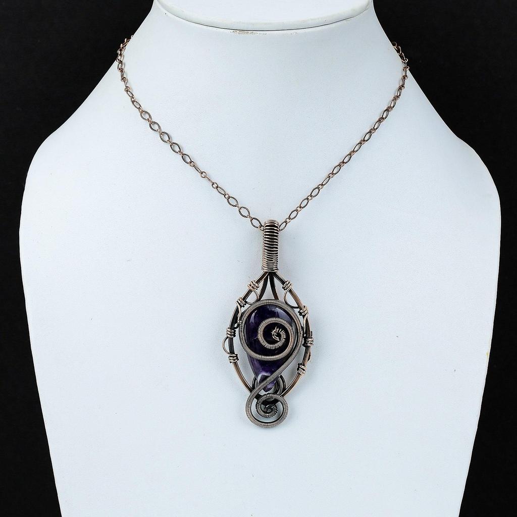 Sage Amethyst Gemstone Pure Copper Wire Wrapped Handmade Pendant Jewelry