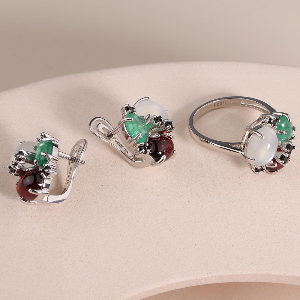 Натуральный драгоценный камень Изумруд Гранат Белый лунный камень Кольцо Серьги Комплект ювелирных изделий Стерлинговое серебро 925 пробы изысканные ювелирные изделия Модный подарок