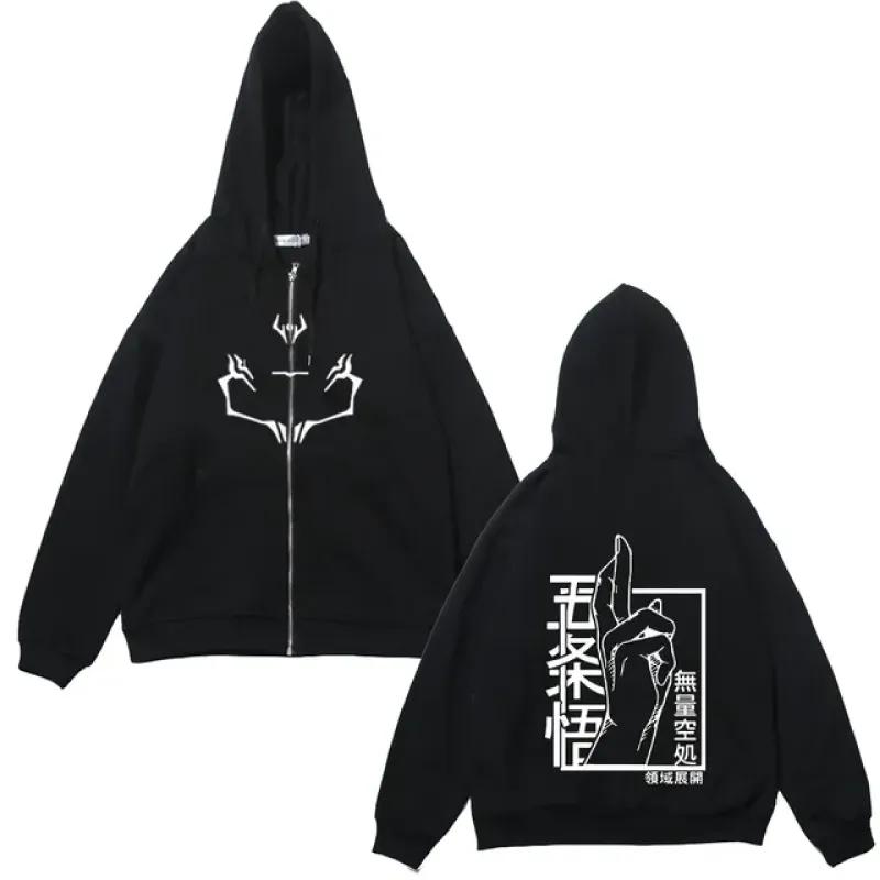 Куртки на молнии в стиле аниме, толстовки с принтом Jujutsu Kaisen, флисовые толстовки с принтом Satoru Gojo, манга, повседневные пальто, уличная одежда, одежда Y2K
