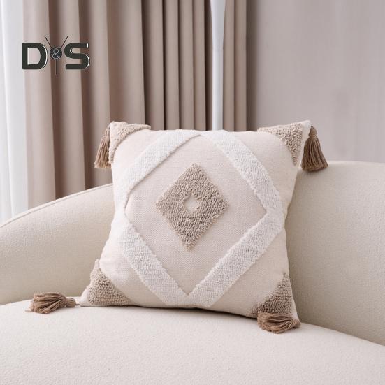 Boho Throw Pillow with Braided Rope Pattern And Tassels Soft Cotton Linen Textured Cushion for Sofa Bed Office