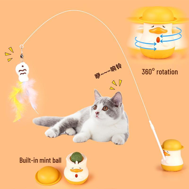 Multifunctional Duck Cat Teaser Wand with Rotating Feather & Catnip for Self-Play