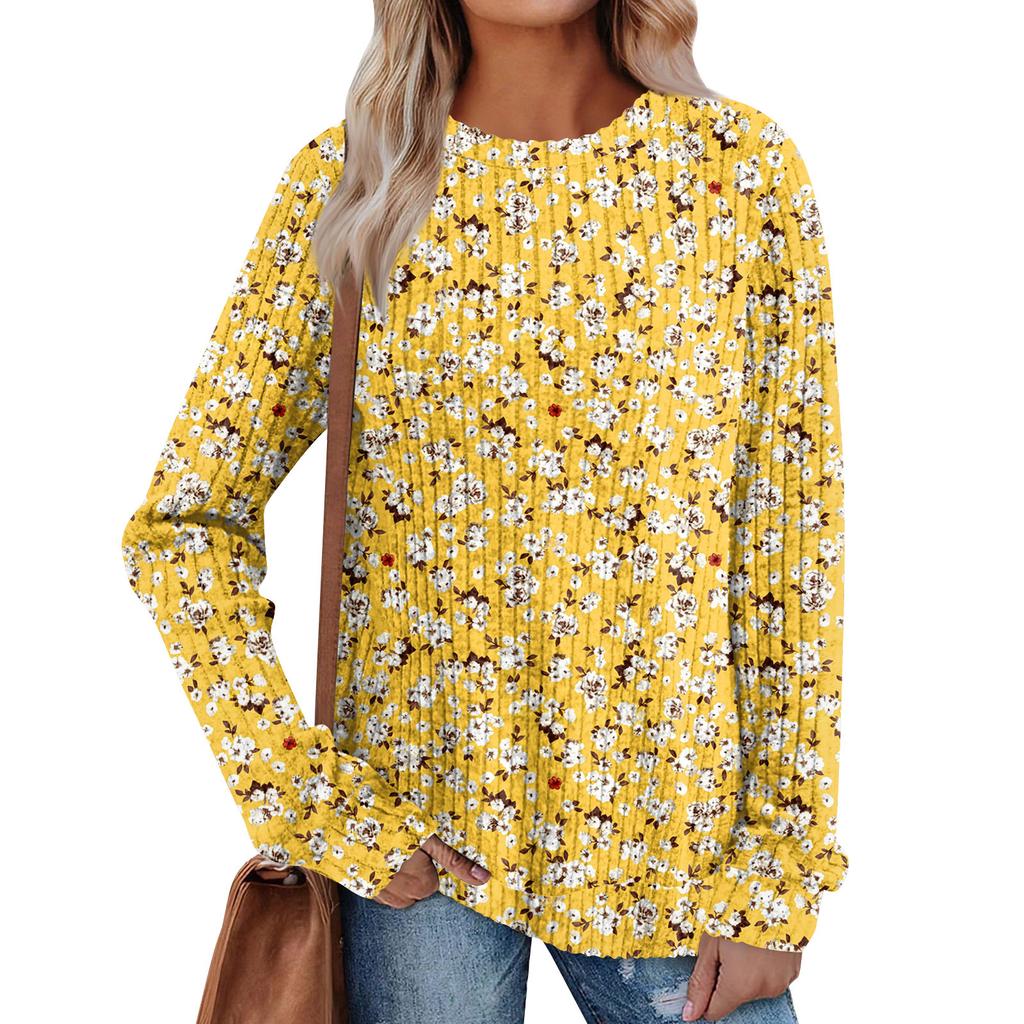 Women's Winter Color-Block Printed Lightweight Brushed-Cotton Round Neck Top