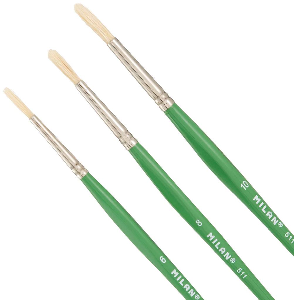 blister con 3 pinceles escolares para cola y tempera serie 511 n° 6 , 8 y 10 milan