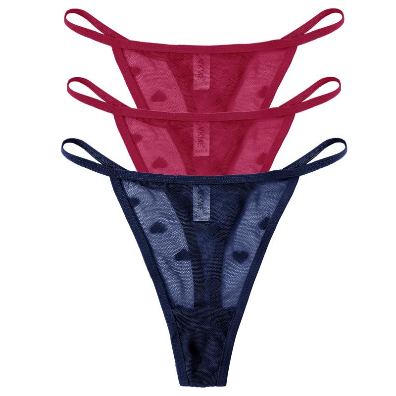 3 шт. Кружевные прозрачные трусики-стринги Женские сексуальные с низкой посадкой Бесшовное нижнее белье Сердце Прозрачные сетчатые трусики Интимное белье