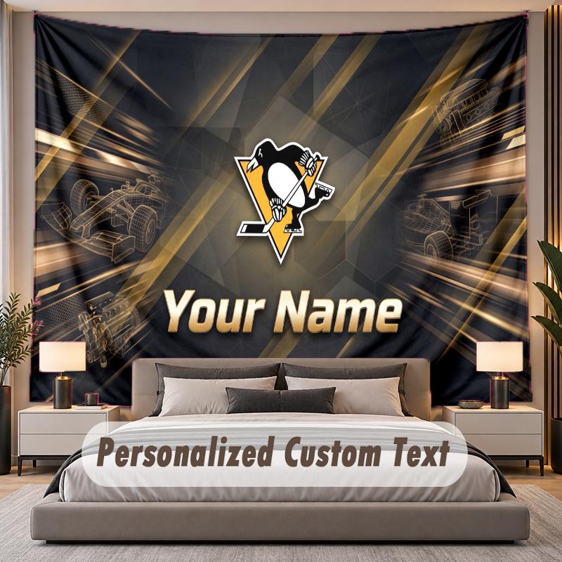 Custom Name Text Tapestry Pittsburgh Penguins Personalized Polyester Wall Tapestry For Bedroom And Room