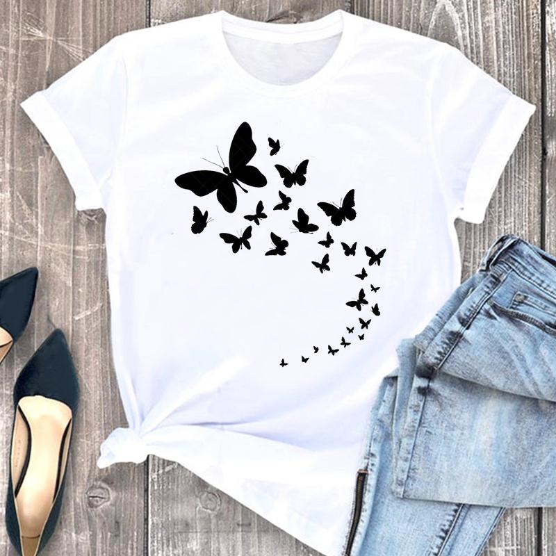 Женская футболка с принтом, летняя модная футболка с надписью Love Heart Butterfly, милая трендовая женская футболка, футболка с коротким рукавом и графикой