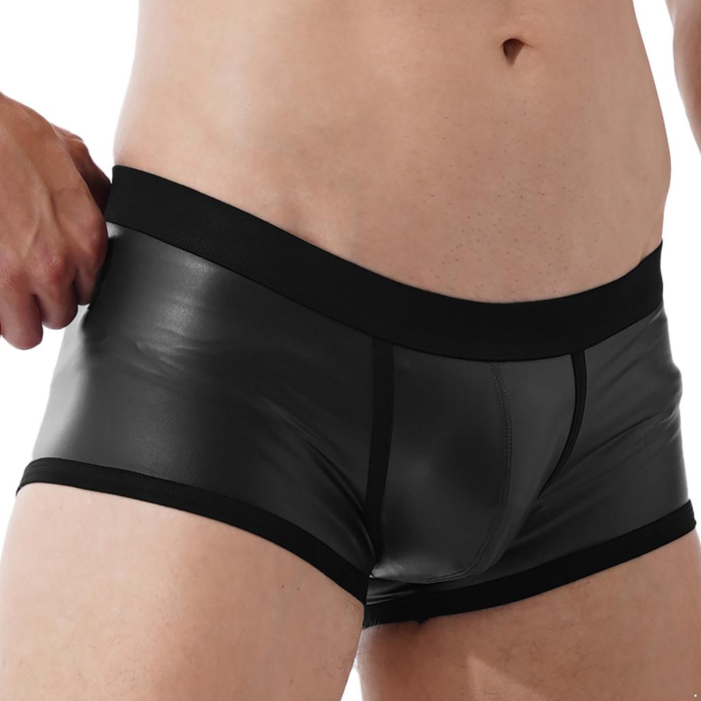 Men Low Waist Faux Leather Boxer Shorts Sports Swimming Trunks Swimwear Bulge Pouch Underpants Underwear