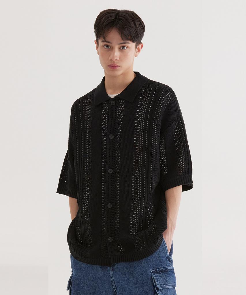 COVERNAT Crochet Half Knit Shirt Black